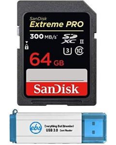SanDisk 64GB SDXC SD Extreme Pro Memory Card UHS-II Works with Fujifilm X-T3, X-T2, X-T1 Mirrorless Camera 300MB/s 4K V30 (SDSDXPK-064G-ANCIN) Plus 1 Everything But Stromboli 3.0 SD/Micro Card Reader