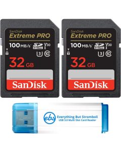 SanDisk 32GB SDHC SD Extreme Pro Memory Card (Two Pack) Works with Nikon D3500, D7500, D5600 Digital DSLR Camera 4K V30 U3 (SDSDXXO-032G-GN4IN) Bundle with (1) Everything But Stromboli 3.0 Reader