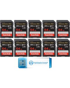 SanDisk 64GB SDXC Extreme Pro Memory Card (10 Pack) 4K V30 UHS-I Speed Class 10 (SDSDXXU-064G-GN4IN) Bundle with (1) Everything But Stromboli 3.0 SD/TF Card Reader
